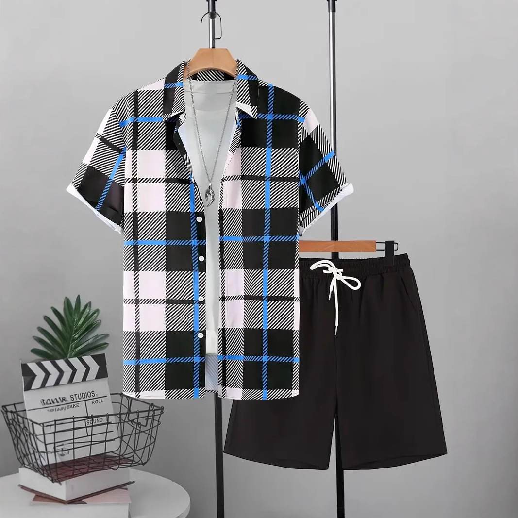 Transfronterizo 2024 nuevo estilo Amazon moda europea y americana casual todo fósforo manga corta cuello cubano pantalones cortos traje MB05 MA1