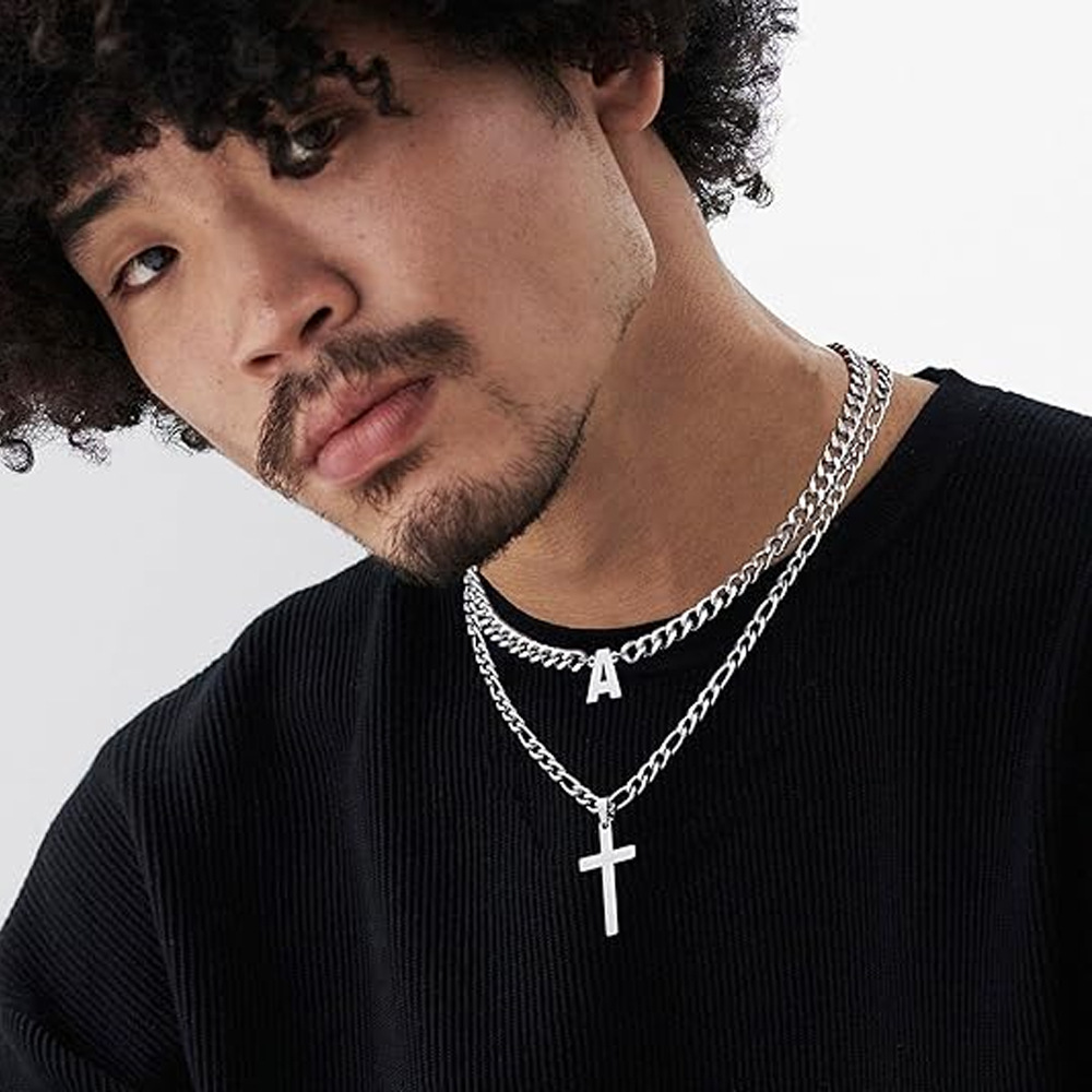 Men's Figaro Chain Initial Letter Necklace With Cross Pendant_voghion.com