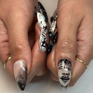 Japanese Secondary Black and White Horror Waterfall Painting Design Medium Almond Wearing Manicure Patch Foreign Trade Fake Nails