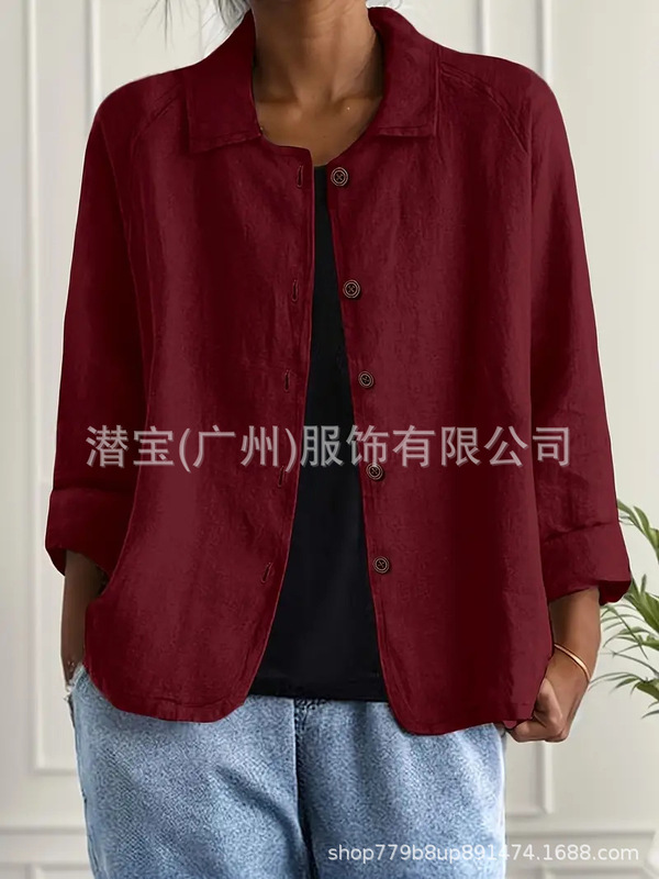 2025新款现货跨境外贸欧美女装纯棉上衣衬衣领休闲显瘦开衫外套女|undefined