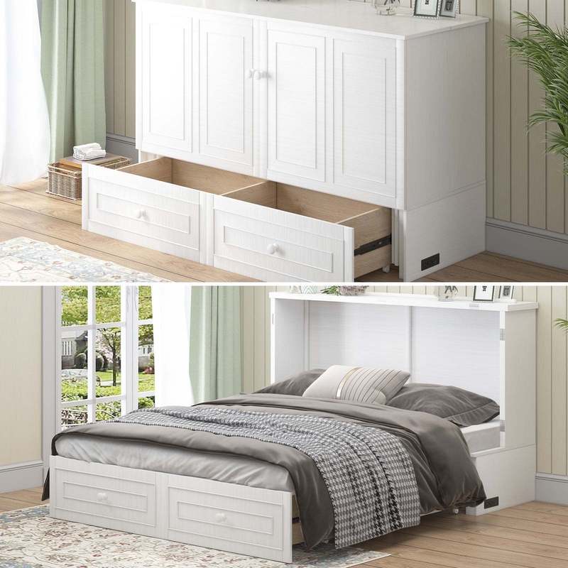 Large Size Folding Bed with Charging Device and Storage Drawer for Bedroom/Office Study, Folding Bed Cabinet in White Large Size Folding Bed with Charging Device and Storage Drawer for Bedroom/Office Study, Folding Bed Cabinet in White