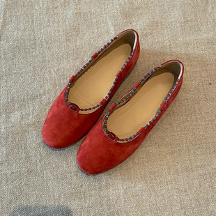 Spot 2025 Genuine Leather Retro Shallow Flats Mary Jane New Chinoiserie Beaded Red Flats for Women with Cheongsam Wedding Shoes
