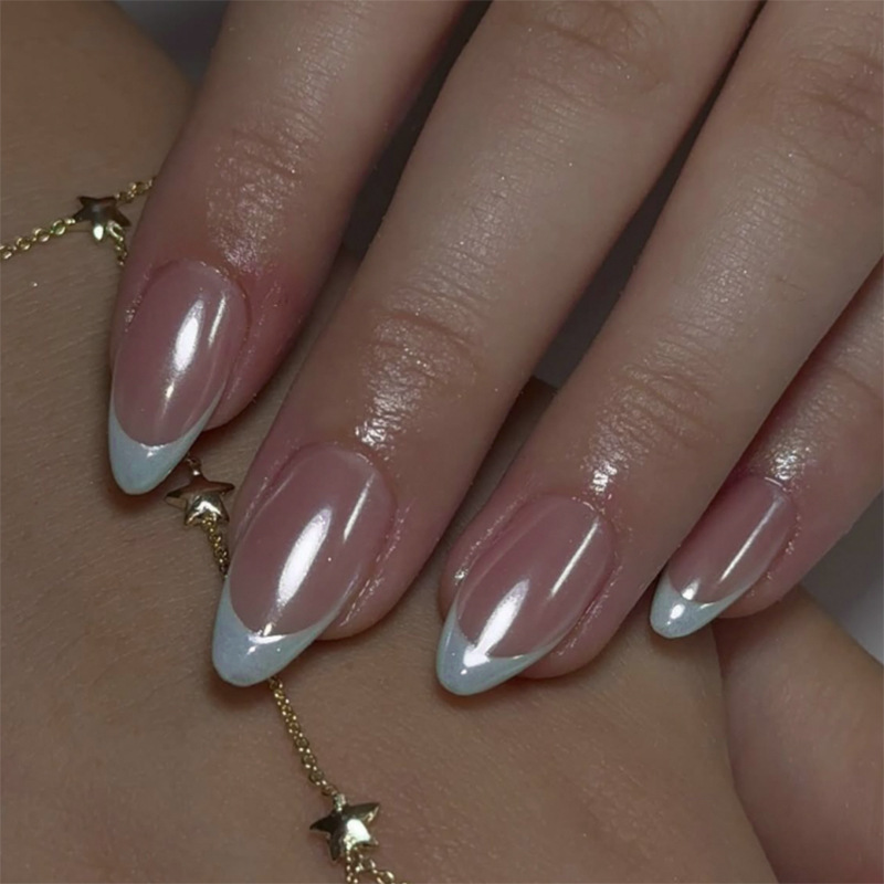 Coated French-Style White Sparkling Short Almond-Shaped Press-On Nails for Foreign Trade Cross-Border Nail Art
