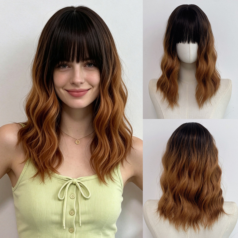 Cross-border European and American women's wigs, gradient brown with bangs, medium-long curly hair, matte high-temperature fiber, full head cover, factory direct sale