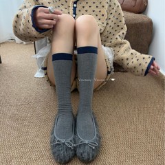 早八通勤chic 撞色罗口小腿袜子女韩国ins复古无骨棉袜百搭堆堆袜