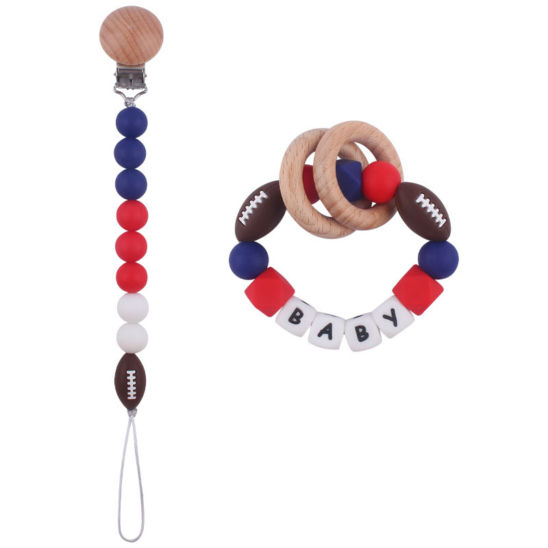 Nuevo bebé suministros de dibujos animados rugby mordedor chupete cadena calmante bebé DIY pulsera mordedor conjunto de dos piezas