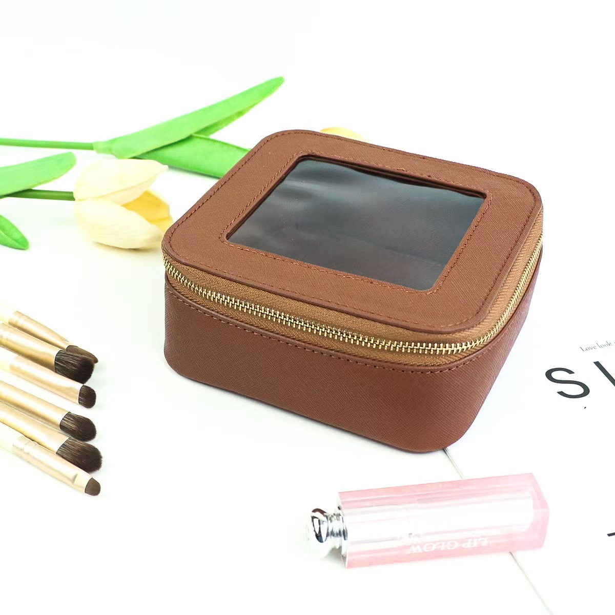 Bolsa de Aseo y Maquillaje Portátil de PU, Impermeable, para Viajes y Uso Diario
