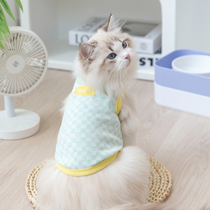 Chessboard Plaid chaleco gatito ropa primavera y verano británico corto Gato Azul marioneta gatito mascota perro de dos patas chaleco