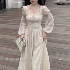 夏季新款法式长裙气质方领雪纺长袖仙气连衣裙女早春裙