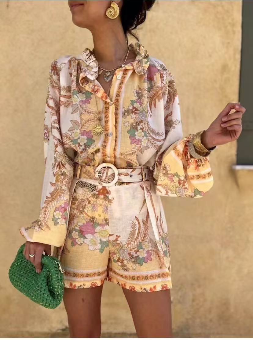 Palace Stand up Collar Puff Sleeve Single Placket Printed Shorts Set 10 Palace Stand Up Collar Puff Sleeve Single Placket Printed Shorts Set