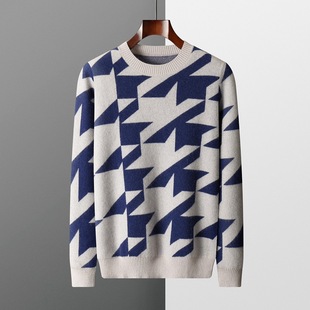 Autumn and Winter Business Men's Crewneck Houndstooth Cashmere Sweater Loose Casual Artistic Cashmere Thickened Sweater