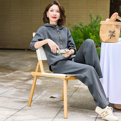 2025秋季新款时尚休闲连帽针织套装高腰阔腿裤中老年妈妈两件套女