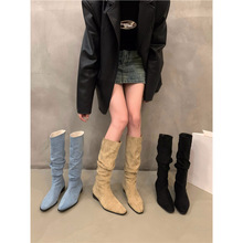 粗跟西部牛仔长靴女鞋2025春秋季新款加绒堆堆靴长筒骑士靴子