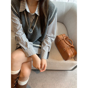 Plus size women's Korean-style striped cotton shirt vertical striped loose casual western style slimming long sleeve polo collar shirt