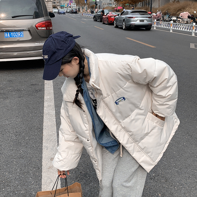 新款女式宽松慵懒风双面穿棉衣冬季日系羊羔绒棉服保暖外套潮|undefined