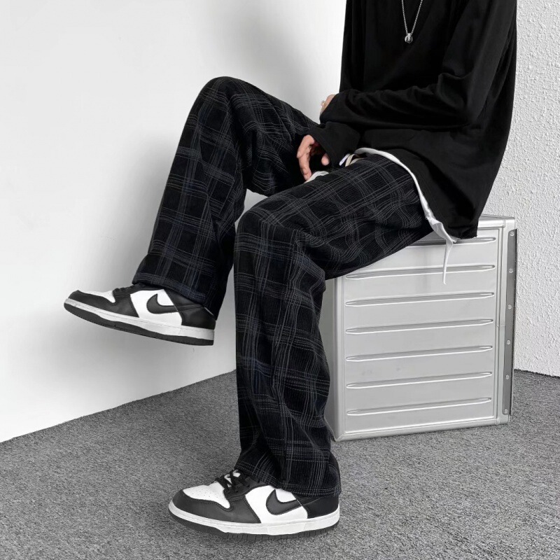 Plaid Pants Men's Spring and Autumn Straight Trendy Loose Korean-style All-match Wide-leg Casual Pants Sports Nine-point Ins