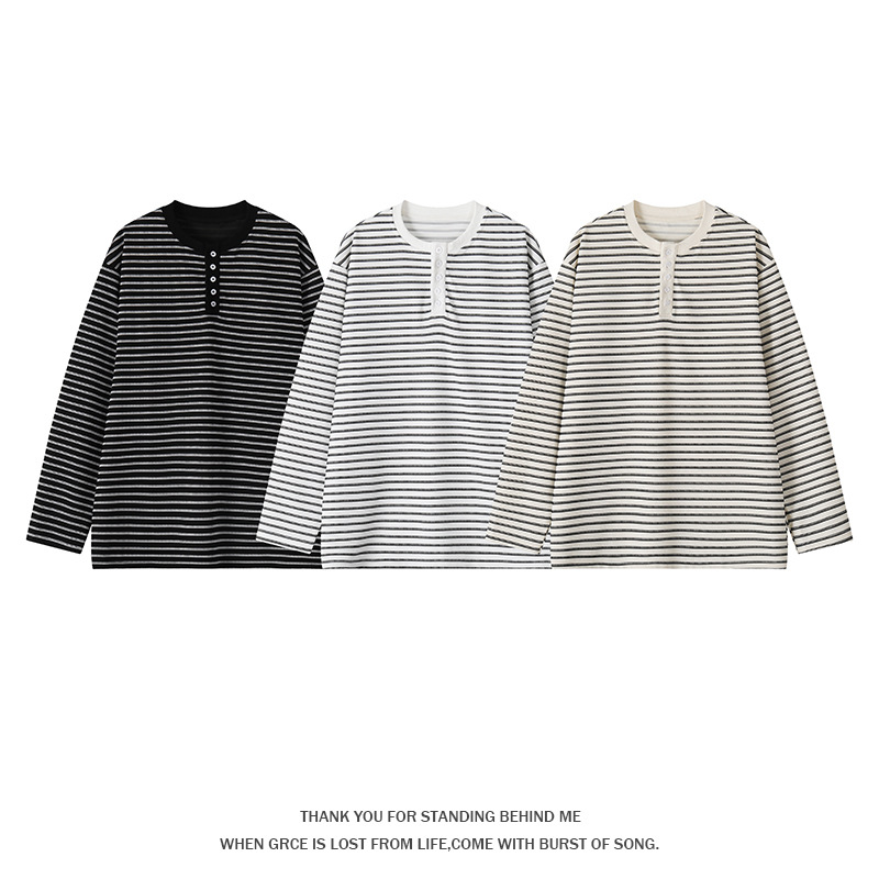 American trendy men's teen brand Henley collar striped button-down undershirt, 2026 spring and autumn fashion versatile top T-shirt