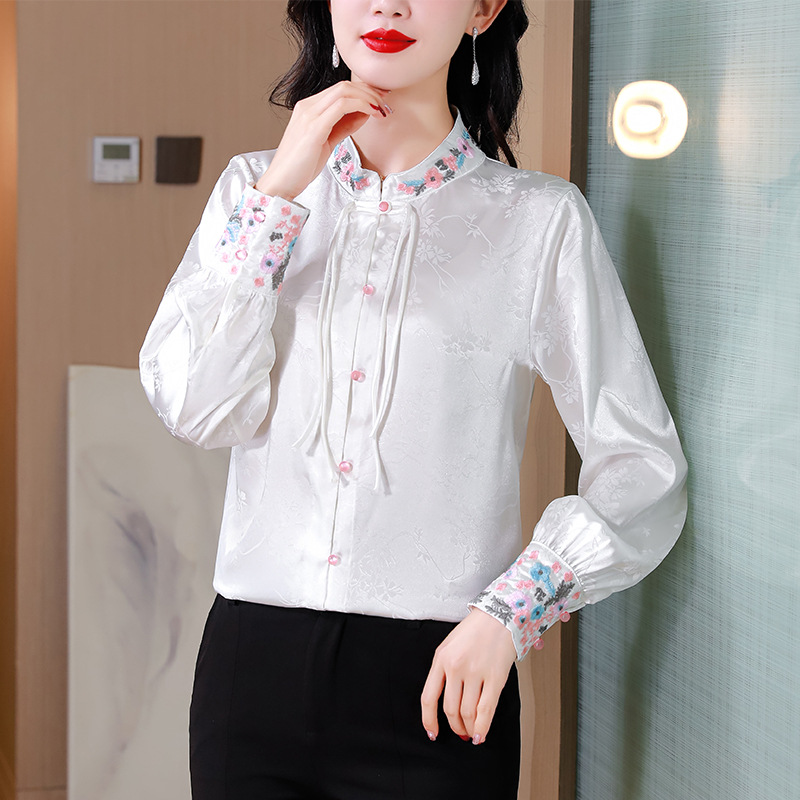 新中式国风白色长袖刺绣衬衫2024春新款女装复古盘扣唐装汉服上衣