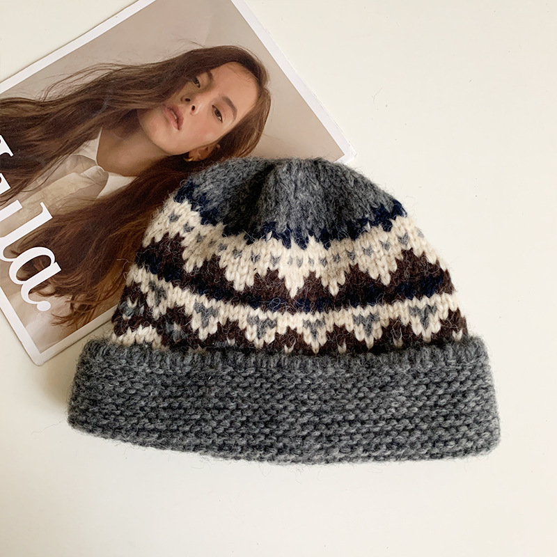フェア島風毛糸帽子女子秋冬レトロ百合大頭囲保温ニット帽子顔小耳保護帽子