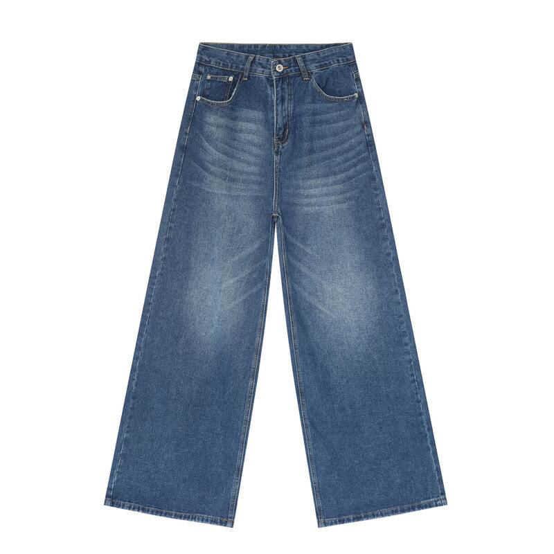Quần jean nam ống rộng cạp vừa phong cách Hàn, denim cotton pha, form suông thoải mái — Màu đen, Xanh lam cổ điển, Xanh lam nhạt, Xanh lam đậm