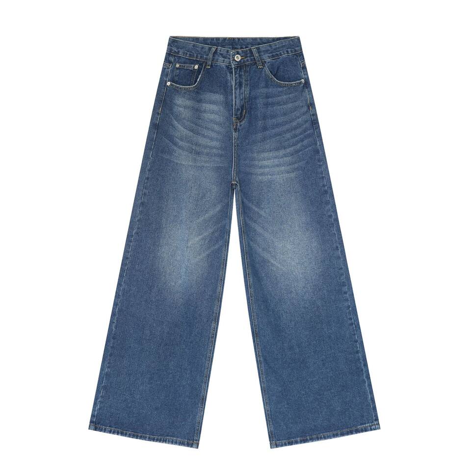 Quần jean nam ống rộng cạp vừa phong cách Hàn, denim cotton pha, form suông thoải mái — Màu đen, Xanh lam cổ điển, Xanh lam nhạt, Xanh lam đậm