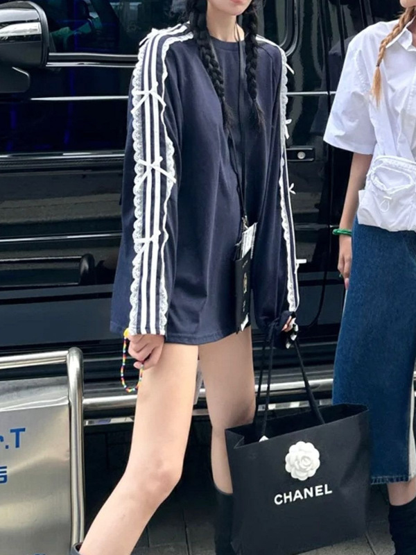 レースストライプリボン長袖Tシャツレディース夏韓国風カジュアルルーズミドル丈デザイントップ|undefined