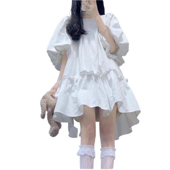 Japanese-Style Sweet Soft Girl Dress for Women 2024 Summer New Loose Slimming Fresh Puff Sleeve Doll Cross-Border