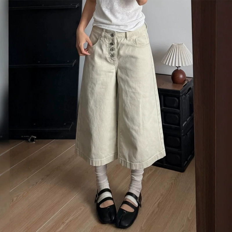Khaki Denim Cropped Pants for Women, Summer High-Waisted Loose Fit, Straight-Leg Slimming Cropped Wide-Leg Jeans for Women