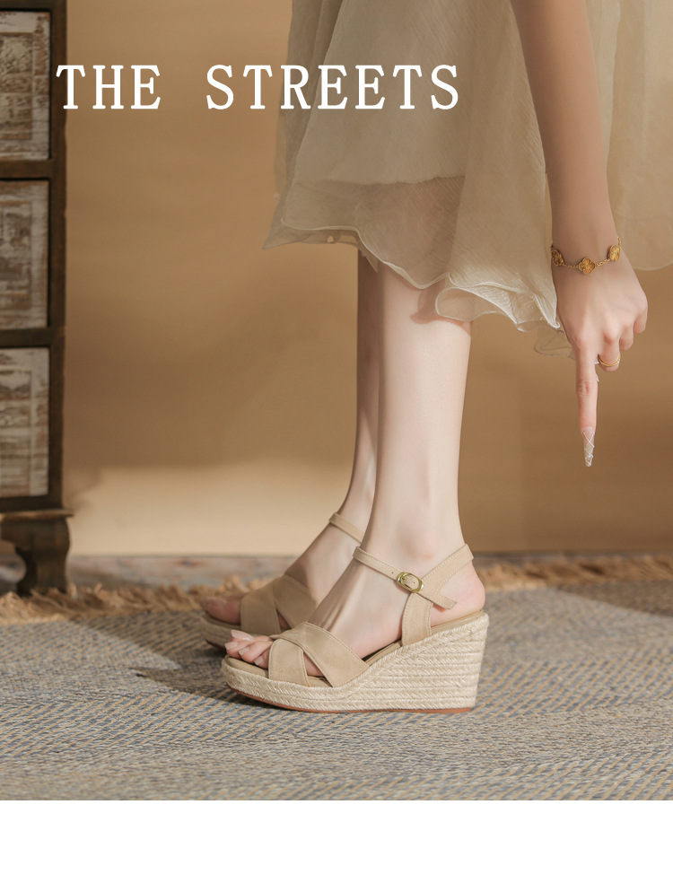 Sandal cao gót nữ hở mũi đế xuồng gót cao 9 cm, quai ngang đan dây thừng — Xanh lá cây nhạtcolor chi tiết 1