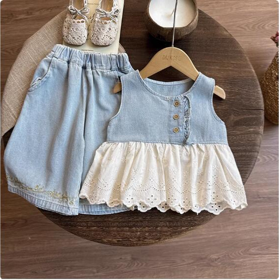 2026 Summer Fashion Girls' Denim Set Sleeveless Lace Vest + Embroidered Jeans Two-Piece Set