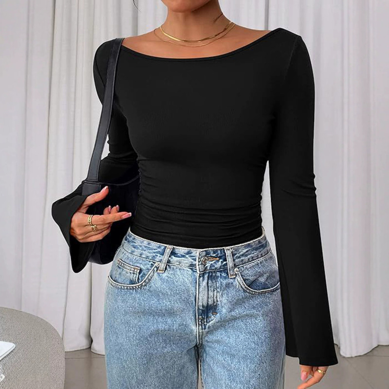 Women's Long-Sleeved Tops, New Spring and Autumn Style, Casual Wear T-Shirts, Casual Boat Neck, Flared Sleeves, Ribbed Front Pleats