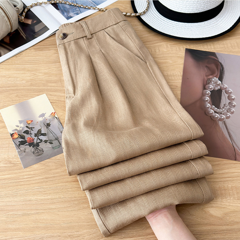 Quần ống rộng vải lanh Tencel cạp cao mỏng mùa hè — Màu đen, Màu hồng, Màu mơ, Kaki chi tiết 3