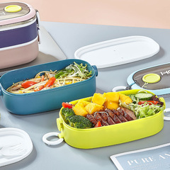 Round buckle single-layer double-layer plastic stainless steel lunch box for student dormitory office worker with handle fork spoon bowl with logo