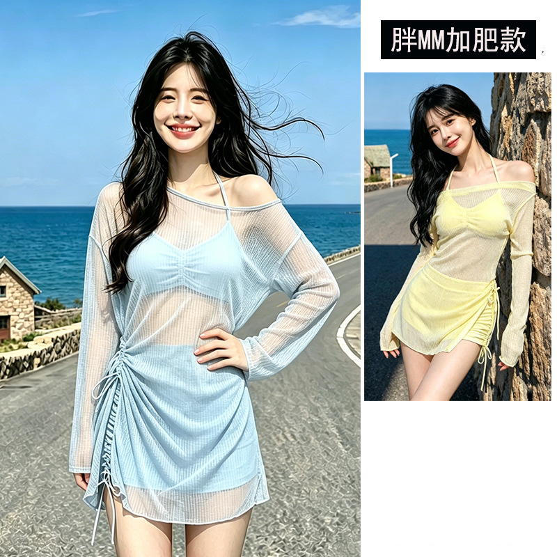 New Style Women's Three-Piece Set, Slightly Plus-Size Long-Sleeve Cover-Up, Conservative Slimming Beach Spa Resort Swimsuit for Women Wholesale