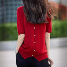 红色短袖t恤上衣女夏法式设计圆领宽松打底蝴蝶结显白天丝针织衫