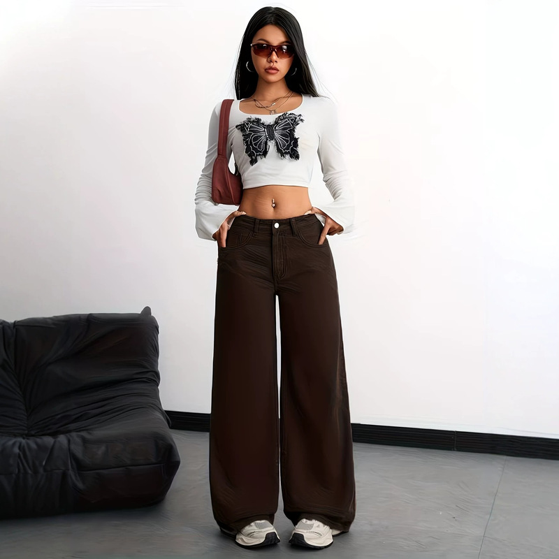 European and American Style Women's Dark Brown Washed High-Waisted Wide-Leg Jeans, Loose Straight-Leg Floor-Length Pants, Cross-Border European and American Style Women's Dark Brown Washed High-Waisted Wide-Leg Jeans, Loose Straight-Leg Floor-Length Pants, Cross-Border