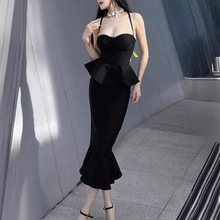 跨境高端女法式优雅吊带露背绷带连衣裙修身显瘦包臀鱼尾裙小礼服