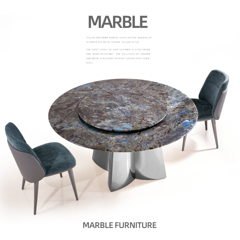 Luxurious Stone Blue Jade Round Dining Table Turntable, Light Luxury Natural Marble Dining Table for Villa Home Use, Extremely Minimalist Round Table Luxurious Stone Blue Jade Round Dining Table Turntable, Light Luxury Natural Marble Dining Table for Villa Home Use, Extremely Minimalist Round Table