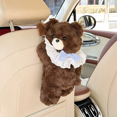 New Car Tissue Box, Car tissue box/set - rabbit-fur-embroidered-bear-tissue-box-dark-coffee-scarf