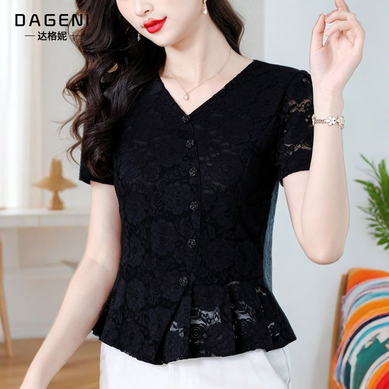 Black V-Neck Lace Undershirt for Women, 2026 Summer New Style, High-End and Stylish Inner Wear Short-Sleeve Top Black V-Neck Lace Undershirt for Women, 2026 Summer New Style, High-End and Stylish Inner Wear Short-Sleeve Top