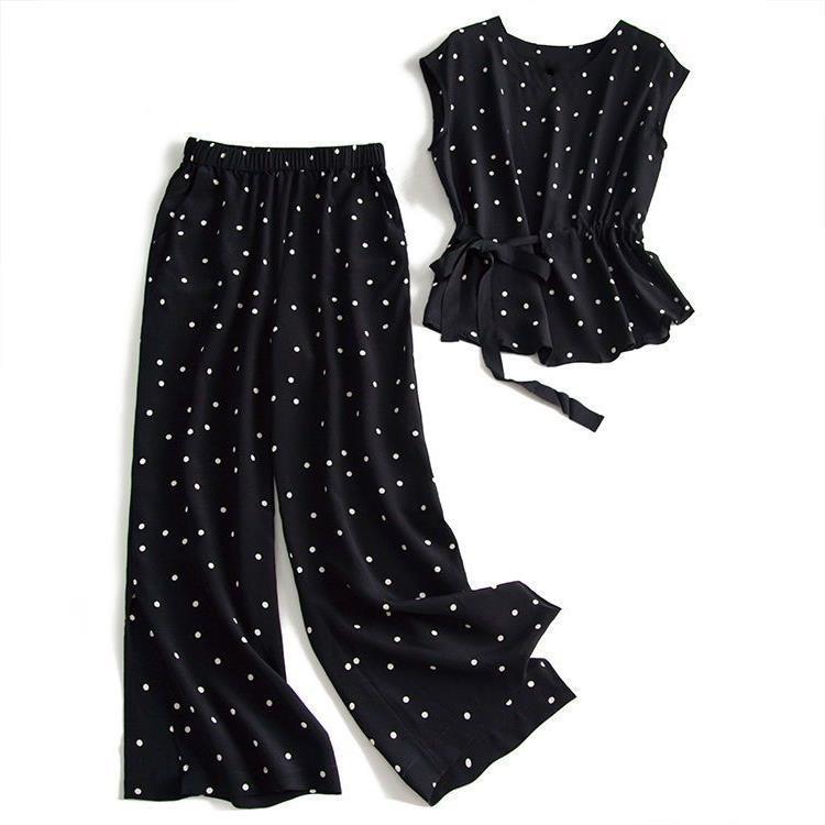 2026 Summer New Fashion Chiffon Two-Piece Set, Waist-Cinching Slim-Fit Polka Dot Top and Wide-Leg Pants Set, Korean Style