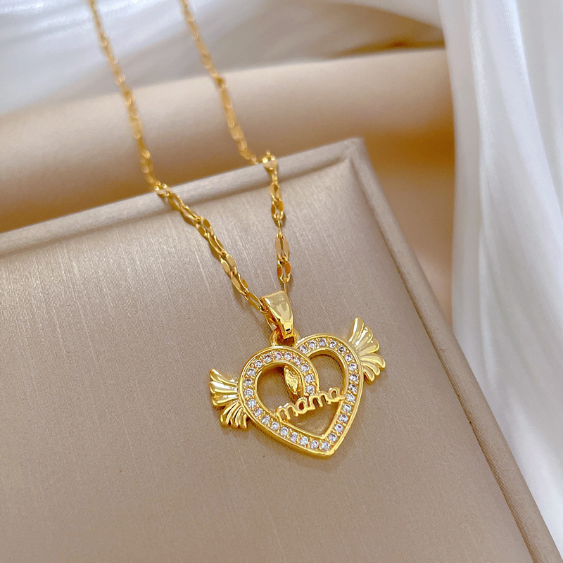 Fashion Heart Shape Wings Stainless Steel Copper Inlay Zircon Pendant Necklace 1 Piece