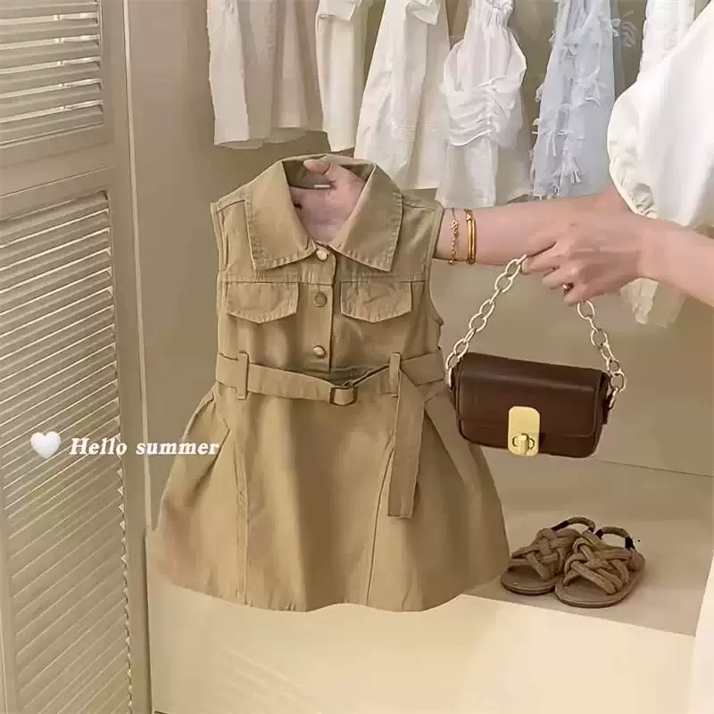 韩版童装夏季新款女童无袖连衣裙儿童宝宝时尚设计感工装背心裙潮