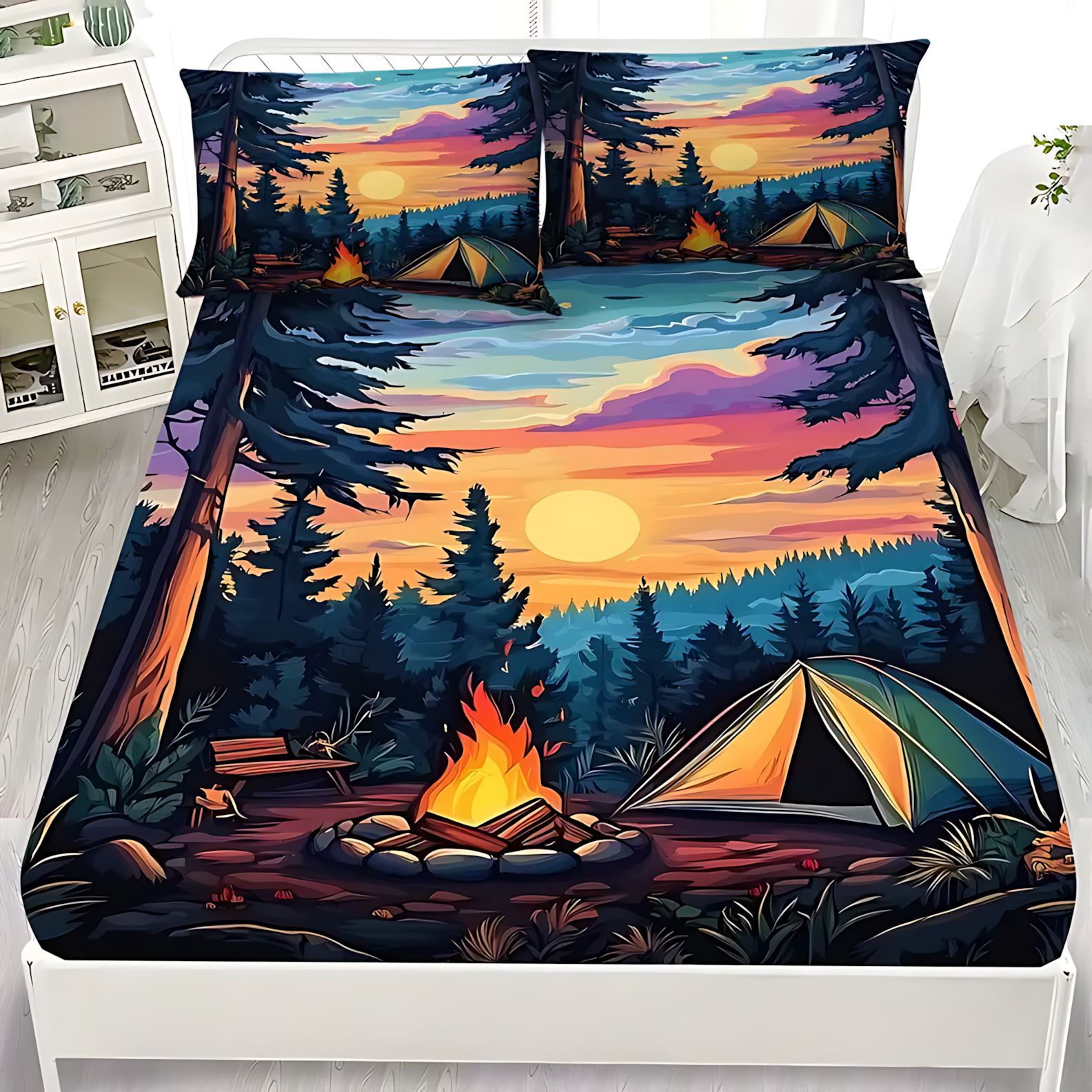 TEMU / JIT transfronterizo camping tent 3D impresión digital cama transpirable suave camisa colchón kit de ropa de cama