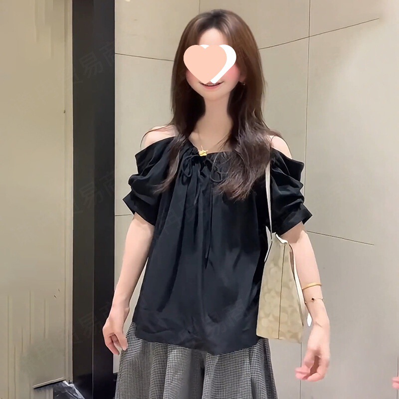 法式黑色短袖衬衫女夏季5新高级感泡泡袖恤露肩设计感衣白色腈纶|undefined