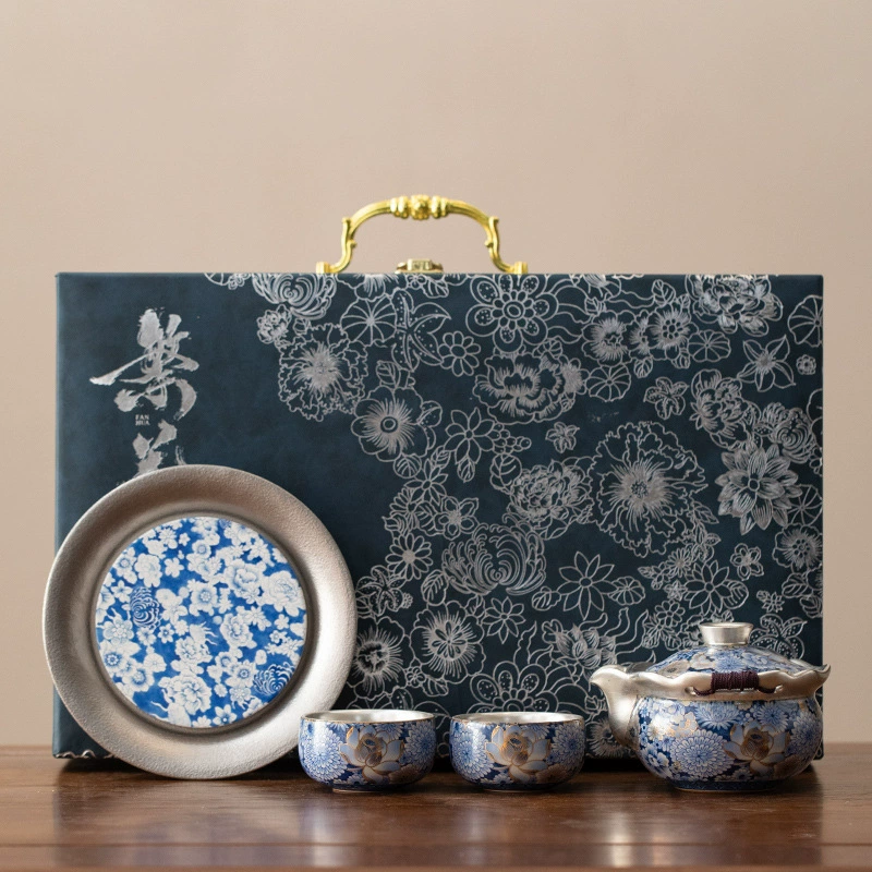 Tea set, enamel, teapot, high-end box, silver 999 sample, Birthday gift