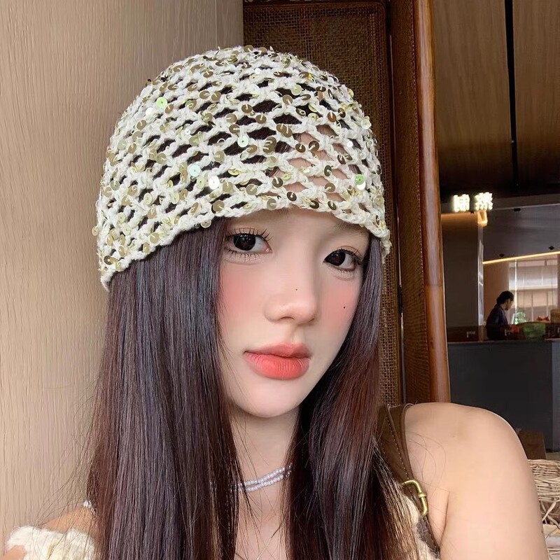 Korean-Style Sequin Beanie Hat for Women, Fashionable and Versatile Pullover Hat, Thin and Breathable for Spring and Summer, Makes the Face Look Smaller, Trendy Headwrap Hat Korean-Style Sequin Beanie Hat for Women, Fashionable and Versatile Pullover Hat, Thin and Breathable for Spring and Summer, Makes the Face Look Smaller, Trendy Headwrap Hat