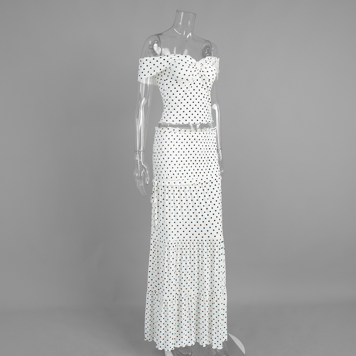 Women's Polka Dot Skirt Set Off-Shoulder Top & Pleated Midi Skirt Summer New Arrival_ecoleips.com