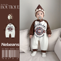 2024春秋嬰幼兒衣服潮款咖色男女寶寶連身衣柔軟新生兒哈衣爬服