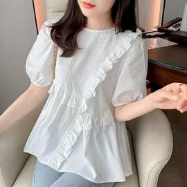 2024年新款短袖女设计感小众百搭减龄小衫泡泡袖雪纺衣服小香风